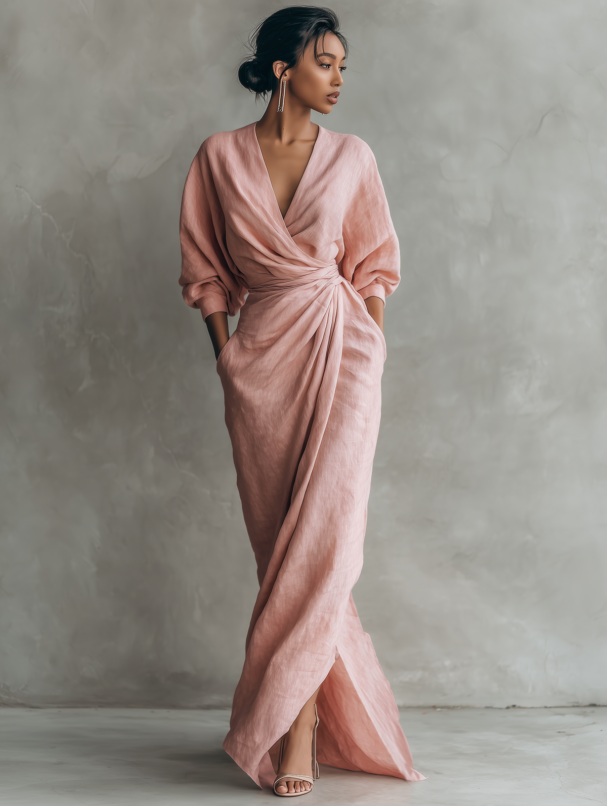 Vestido Camila |Cuello V, Mezcla de Lino, Rosa Minimalista