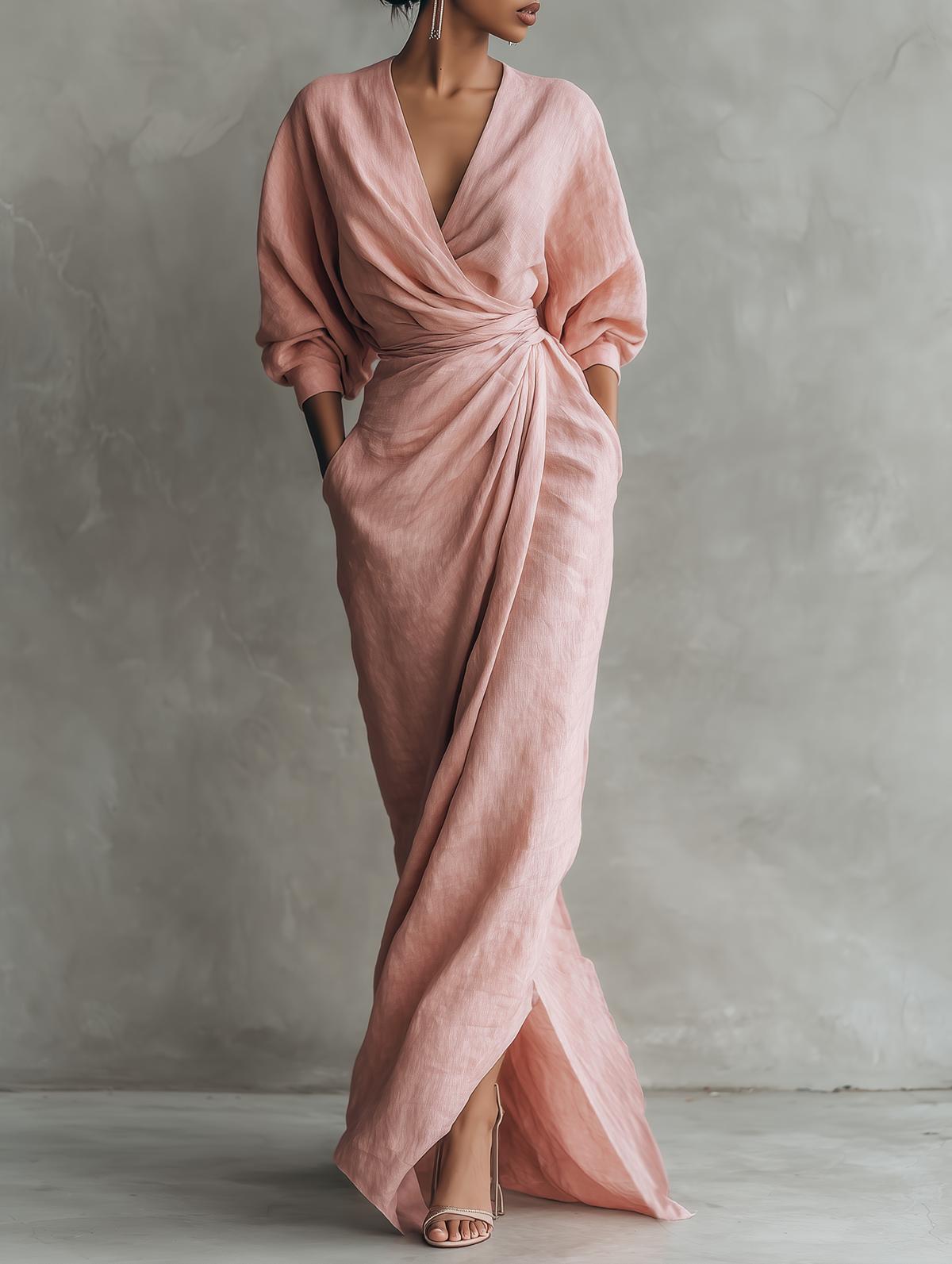 Vestido Camila |Cuello V, Mezcla de Lino, Rosa Minimalista