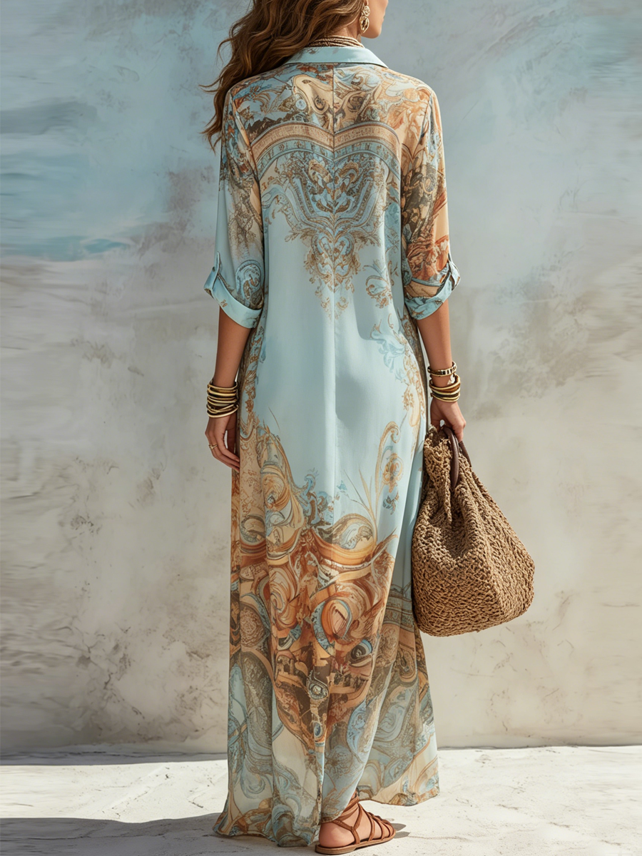 Vestido largo azul con estampado floral de estilo barroco