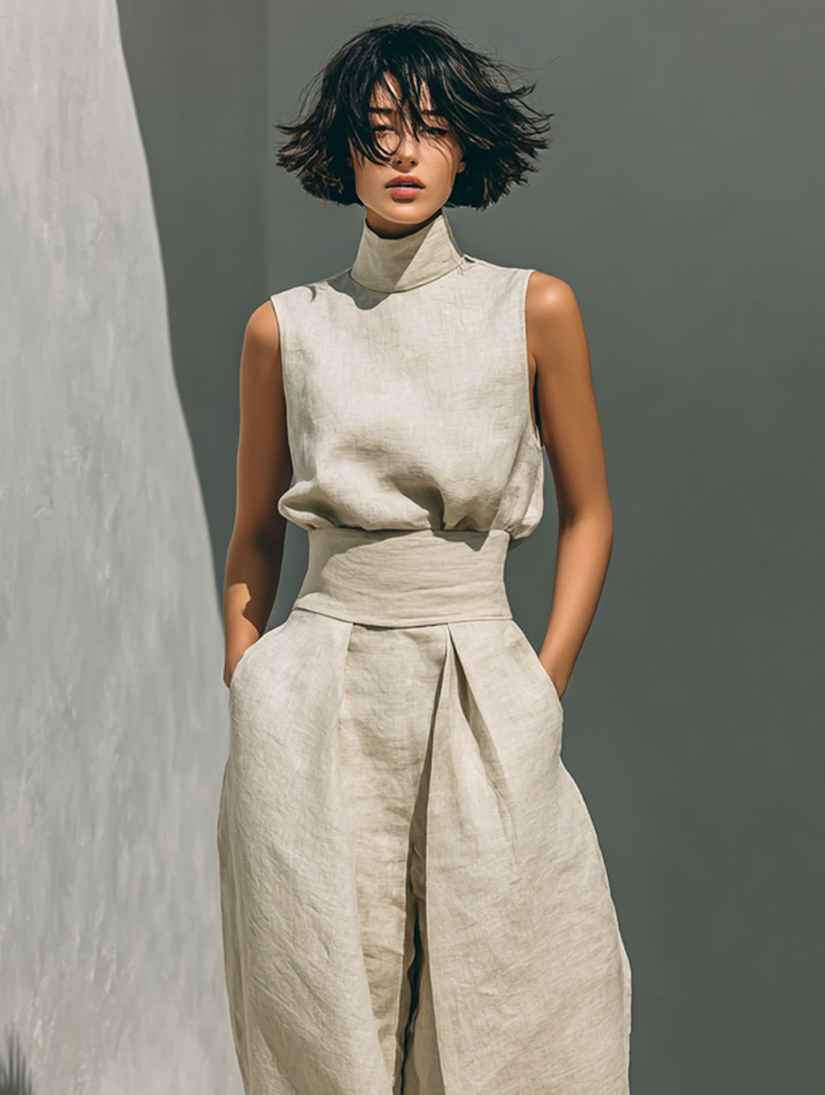 Marta |Conjunto de  Blusa Sin Mangas + Pantalón Ancho, Algodón/Lino