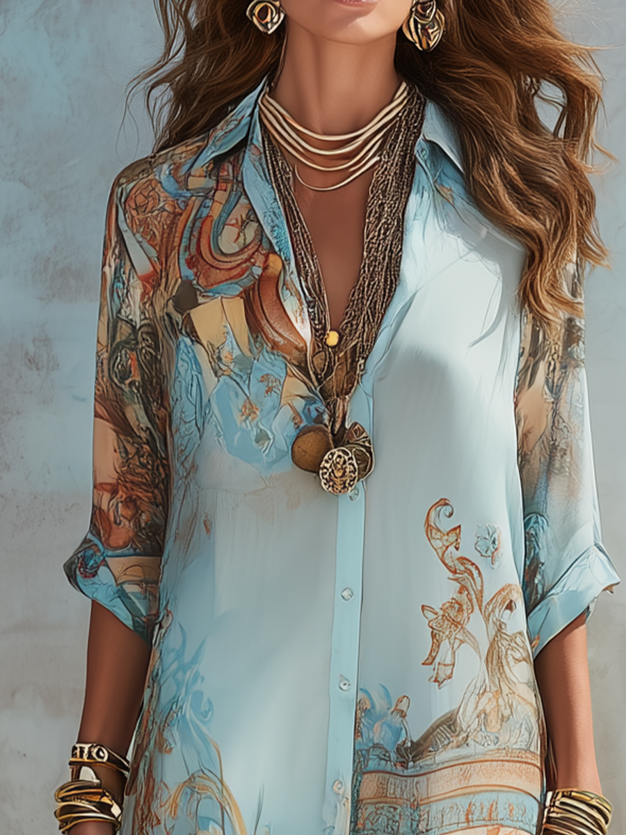 Vestido largo azul con estampado floral de estilo barroco