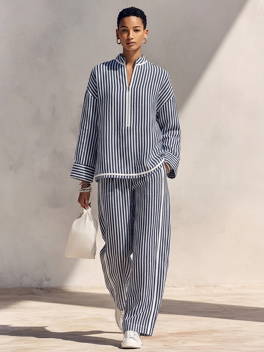 Elena | Camiseta Oversize Cuello Alto + Pantalón Ancho, Lino Azul Claro
