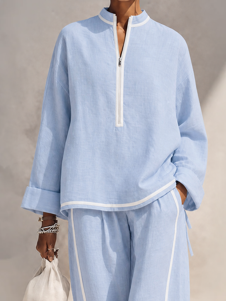 Elena | Camiseta Oversize Cuello Alto + Pantalón Ancho, Lino Azul Claro