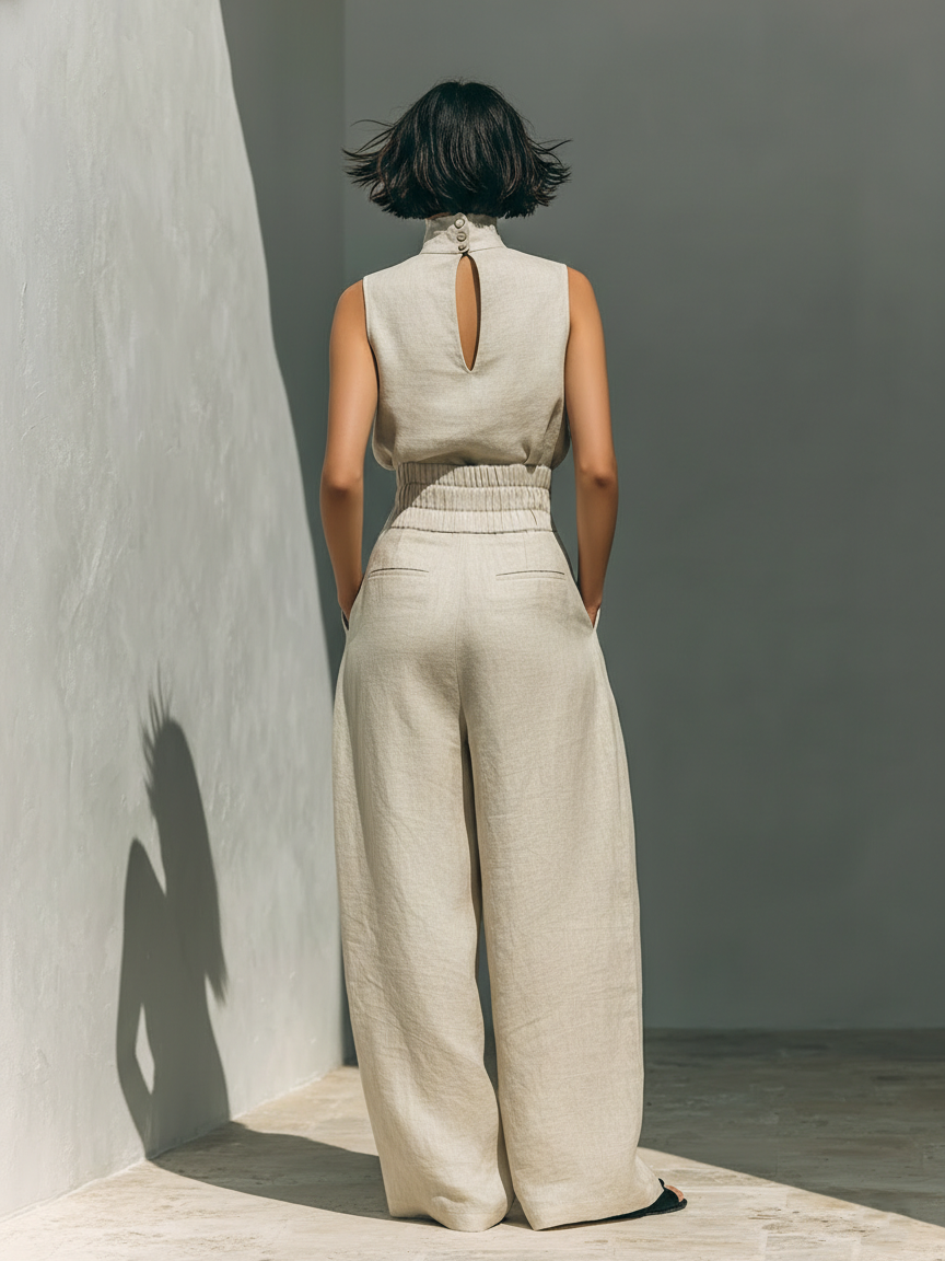 Marta |Conjunto de  Blusa Sin Mangas + Pantalón Ancho, Algodón/Lino