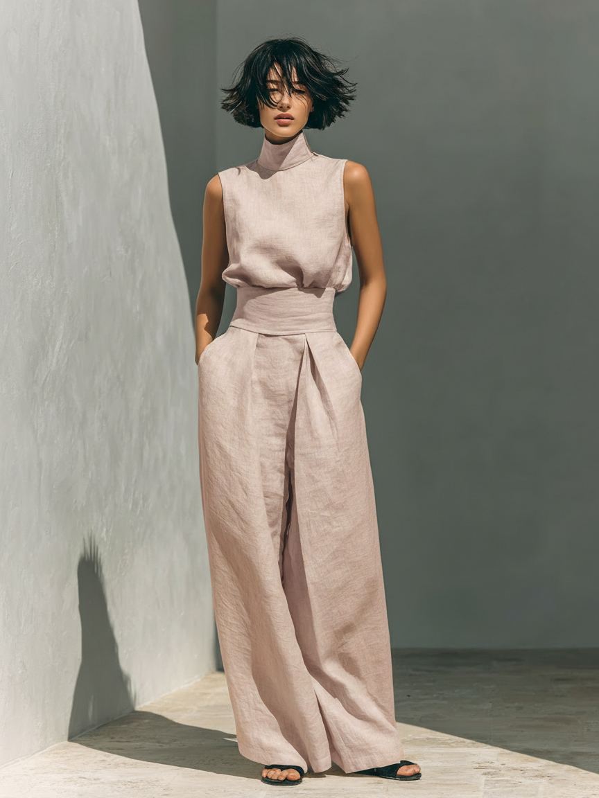 Marta |Conjunto de  Blusa Sin Mangas + Pantalón Ancho, Algodón/Lino
