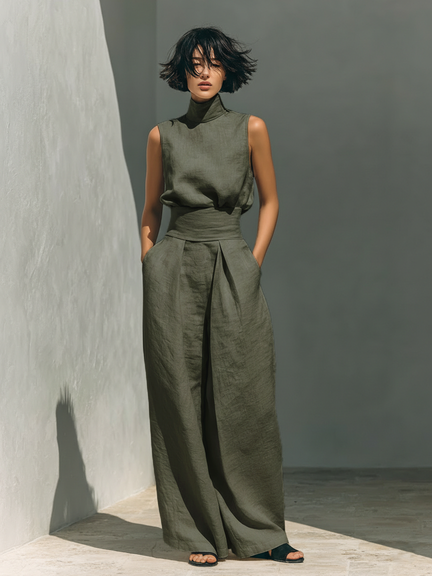 Marta |Conjunto de  Blusa Sin Mangas + Pantalón Ancho, Algodón/Lino