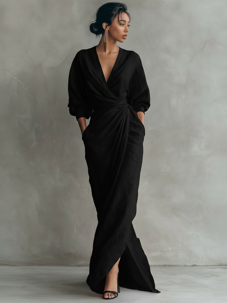 Vestido Camila |Cuello V, Mezcla de Lino, Rosa Minimalista