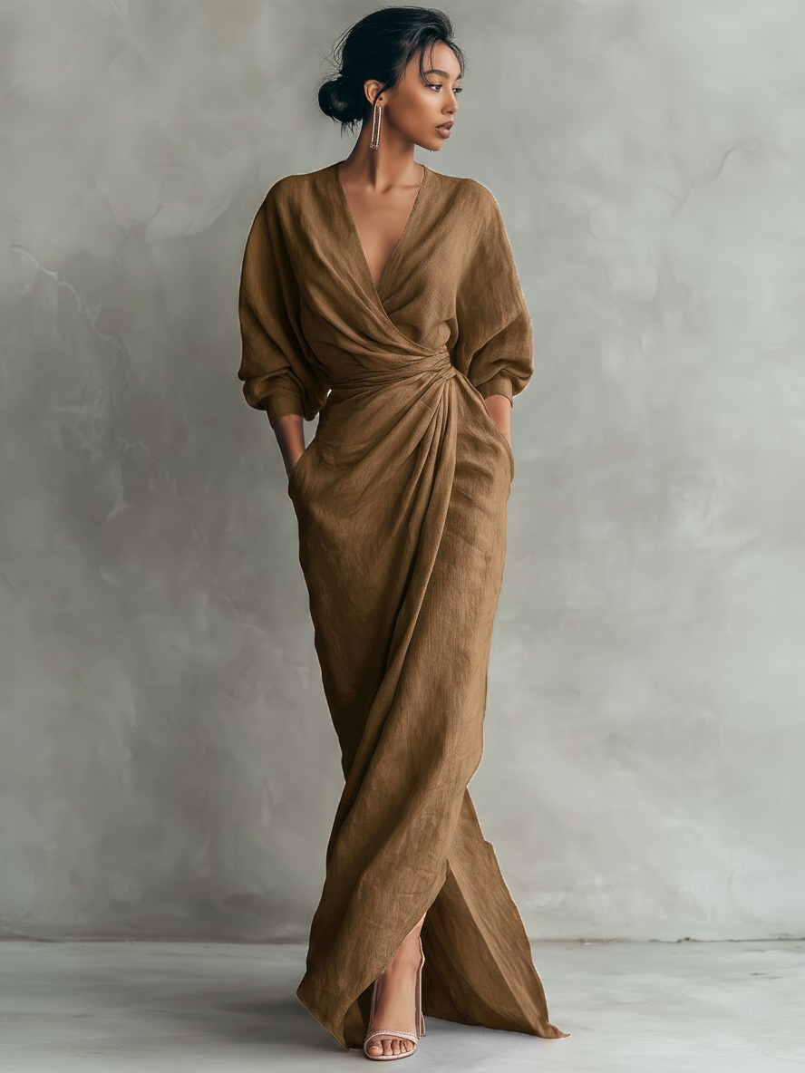 Vestido Camila |Cuello V, Mezcla de Lino, Rosa Minimalista