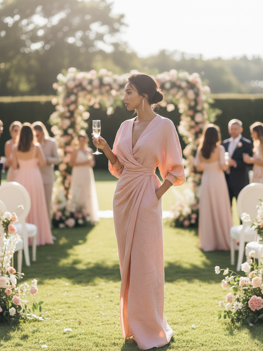 Vestido Camila |Cuello V, Mezcla de Lino, Rosa Minimalista