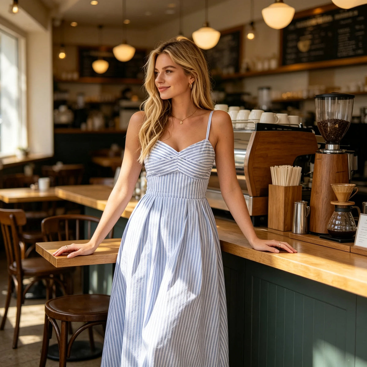 Alejandra | Vestido Midi Rayas Azul y Blanco