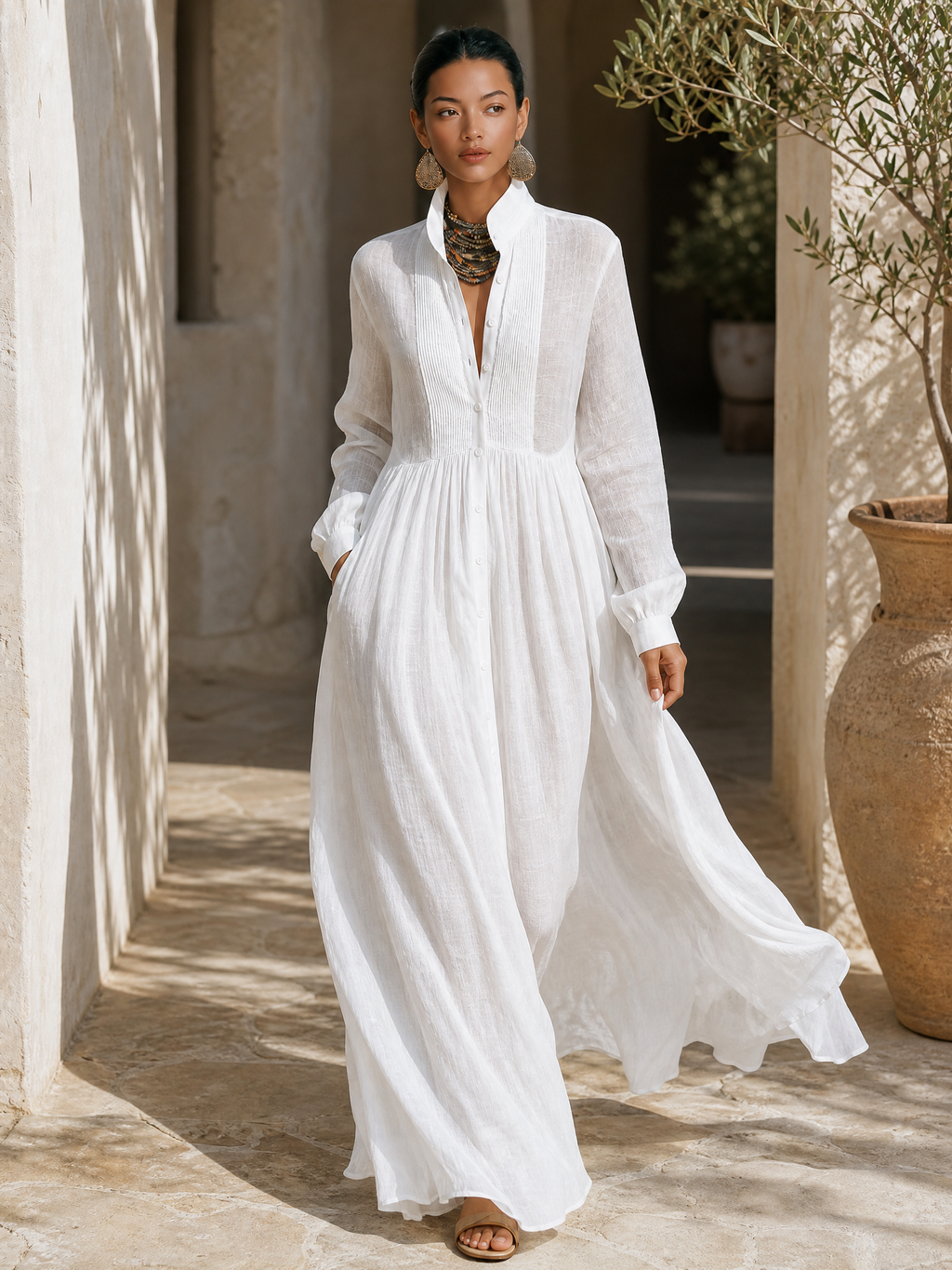 Sofía | Vestido Patchwork Algodón/Lino, Cuello Alto, Botonadura Única