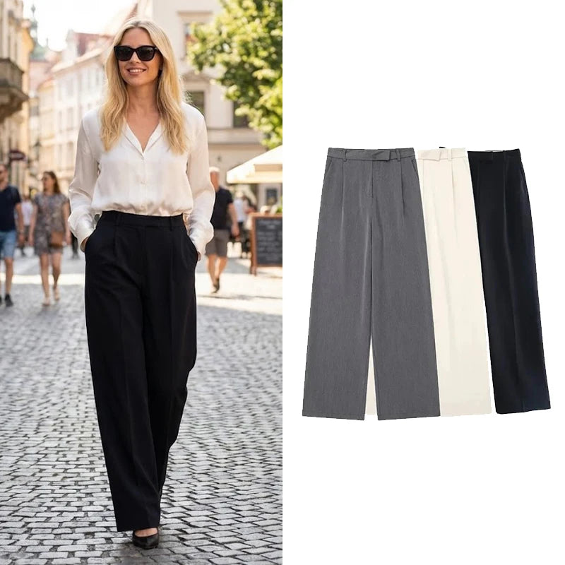 Pantalones rectos de mujer Willshela, de moda, con cremallera frontal lisa, estilo vintage, de cintura alta y largo completo, pantalones elegantes para mujer