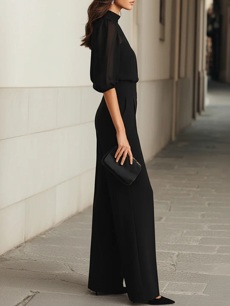 Valentina • Conjunto de tres piezas en negro con camiseta sin mangas transparente y pantalones de pierna ancha