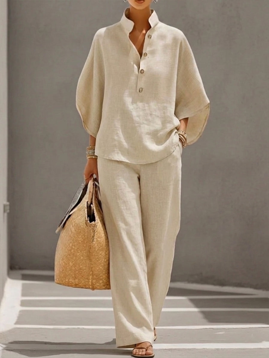 Eszter™ – Conjunto de algodón y lino con mangas de murciélago y pantalones de pierna ancha •