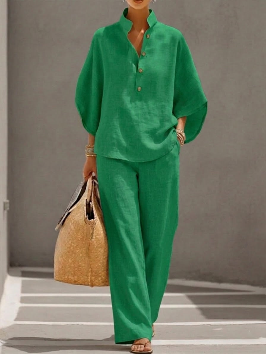 Eszter™ – Conjunto de algodón y lino con mangas de murciélago y pantalones de pierna ancha •