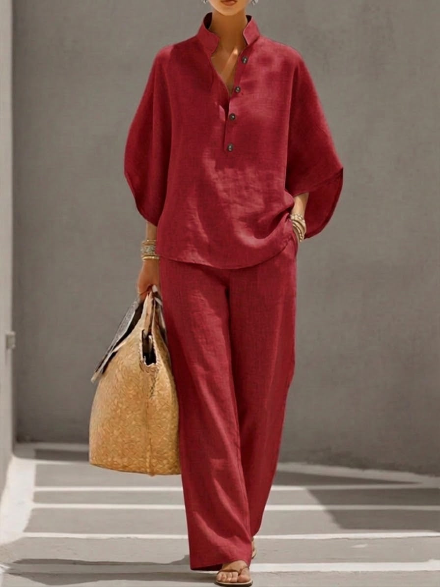 Eszter™ – Conjunto de algodón y lino con mangas de murciélago y pantalones de pierna ancha •