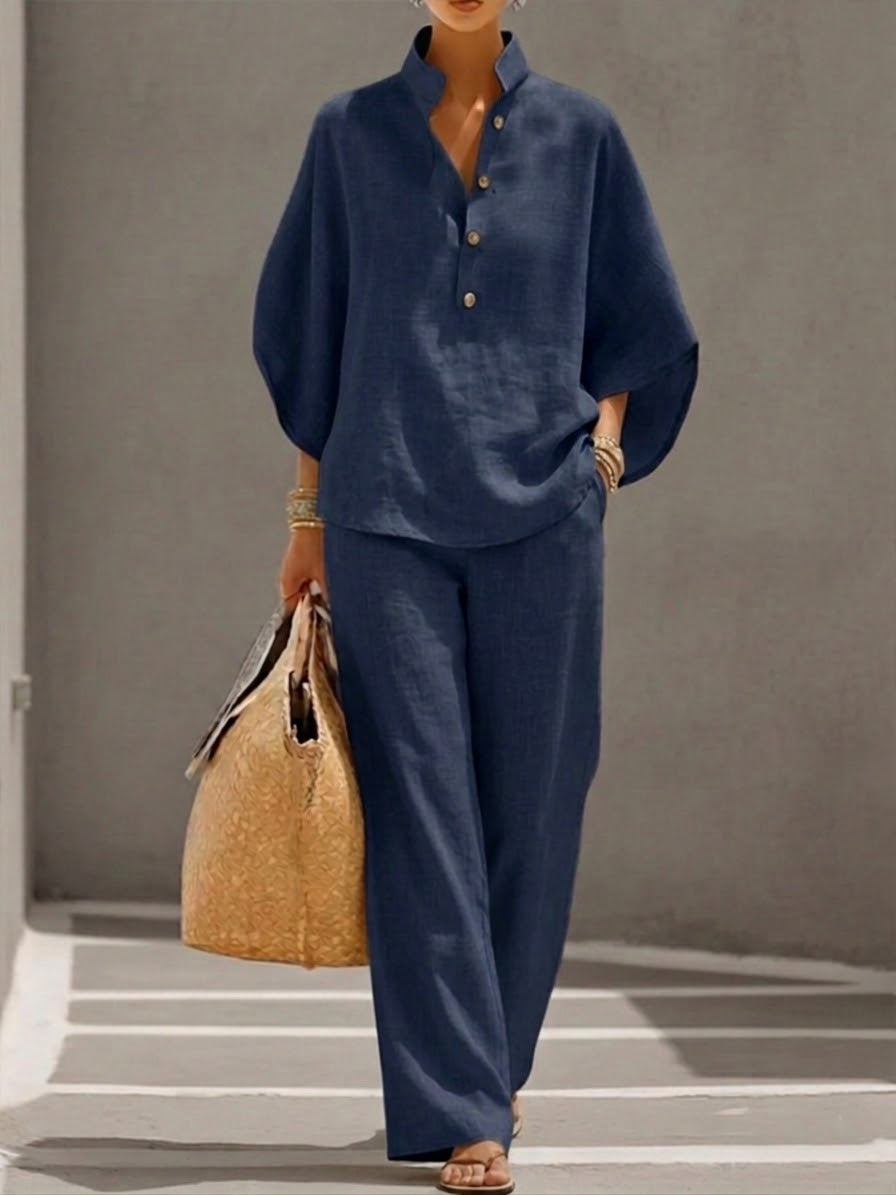 Eszter™ – Conjunto de algodón y lino con mangas de murciélago y pantalones de pierna ancha •