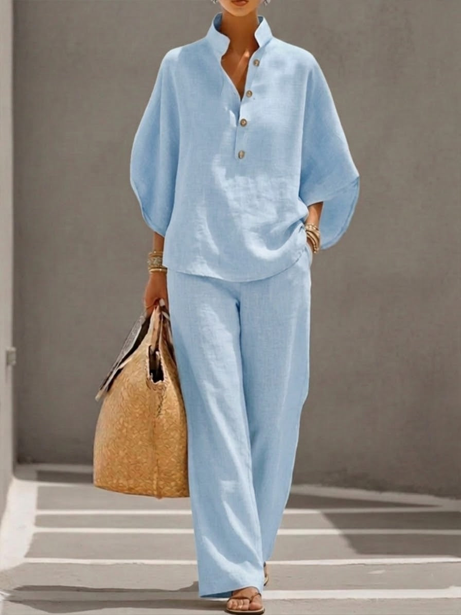 Eszter™ – Conjunto de algodón y lino con mangas de murciélago y pantalones de pierna ancha •