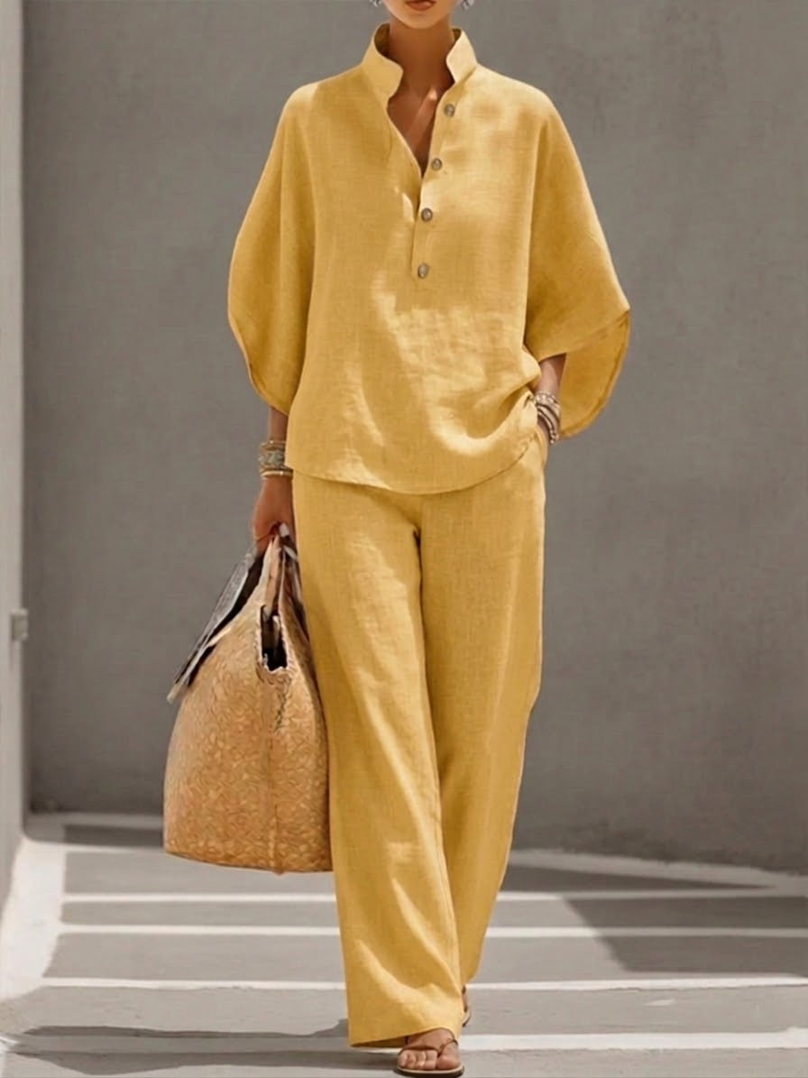 Eszter™ – Conjunto de algodón y lino con mangas de murciélago y pantalones de pierna ancha •